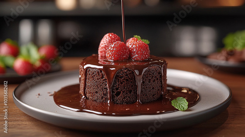 A close-up of a gourmet bento chocolate cake topped with fresh strawberries close-up	 photo