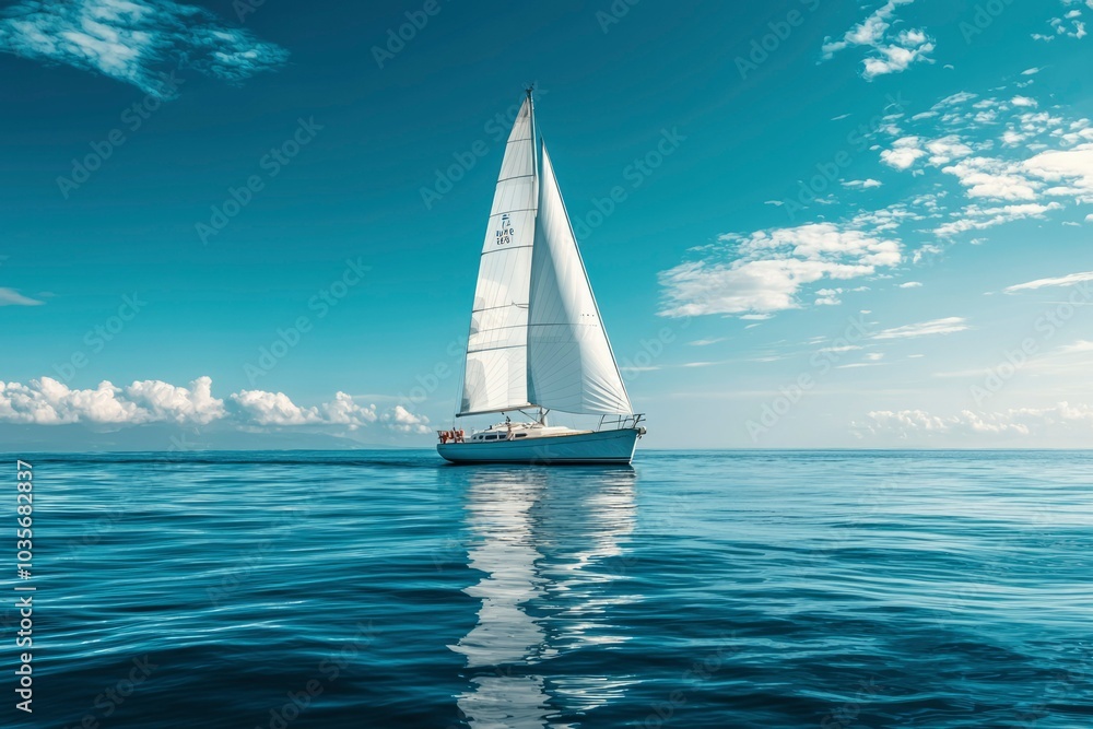 Obraz premium Sailboat gliding across a calm ocean with a clear blue sky and white clouds