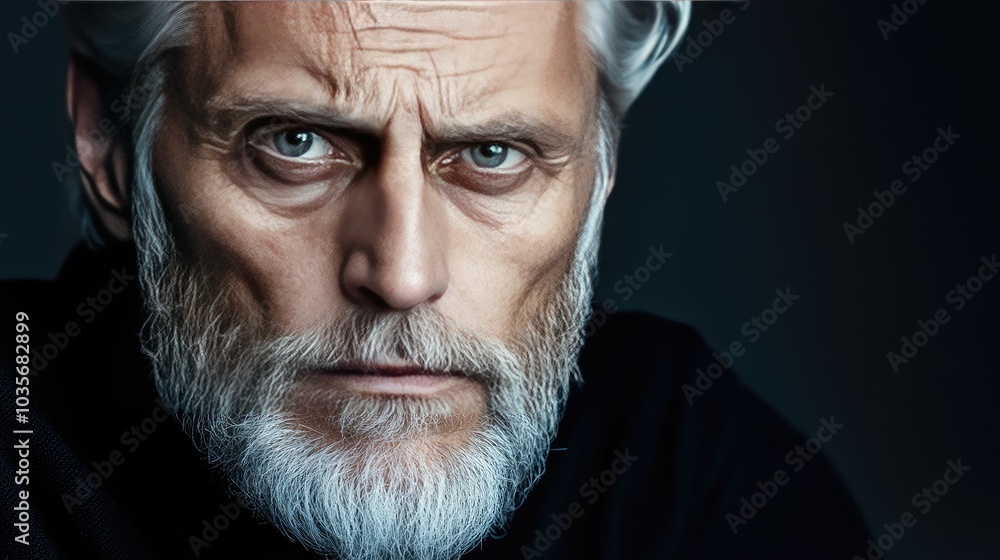 A distinguished elderly man with captivating blue eyes, silver hair, and a white beard gazes with intensity, set against a dark background, exuding wisdom and depth. A distinguished elderly man with captivating blue eyes, silver hair, and a white beard gazes with intensity, set against a dark background, exuding wisdom and depth.