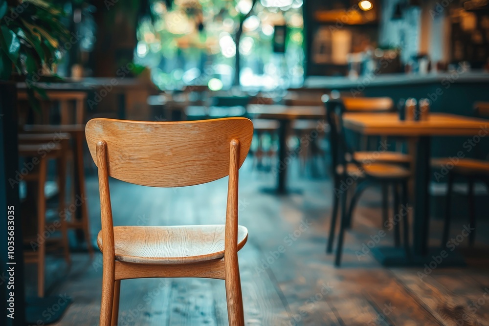 Wooden Chair in a Blurred Cafe Setting Wooden Chair in a Blurred Cafe Setting