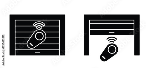 Cartoon contactless, digital door car box handle key. Security, automatic, electronic closing and opening garage door. Roller shutter garage. Roll up door strip lines. remote controller sign.