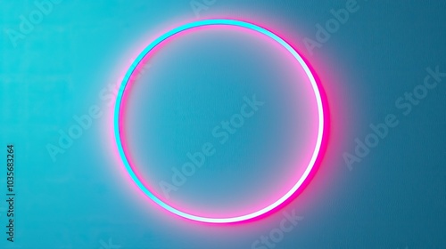 Neon circle light design on a blue background, isolated.