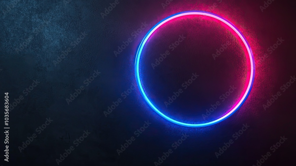 Neon glowing circle on a dark background, abstract design. Neon glowing circle on a dark background, abstract design.