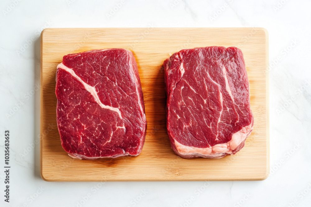 Two cuts of fresh red steak displayed on a wooden cutting board, showcasing marbling and quality meat. Two cuts of fresh red steak displayed on a wooden cutting board, showcasing marbling and quality meat.