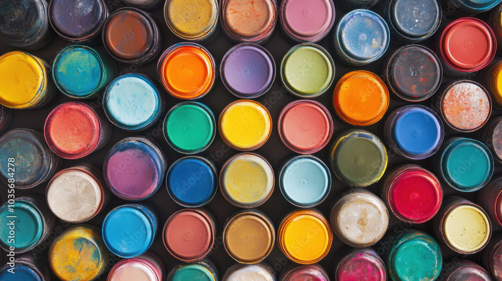 A vibrant display of circular paint containers arranged in colorful patterns, showcasing a range of hues and textures. A vibrant display of circular paint containers arranged in colorful patterns, showcasing a range of hues and textures.