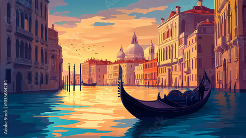 Experience the tranquility as a gondola gracefully navigates the captivating canals of venice, italy. Venetian Gondola Ride. Illustration photo