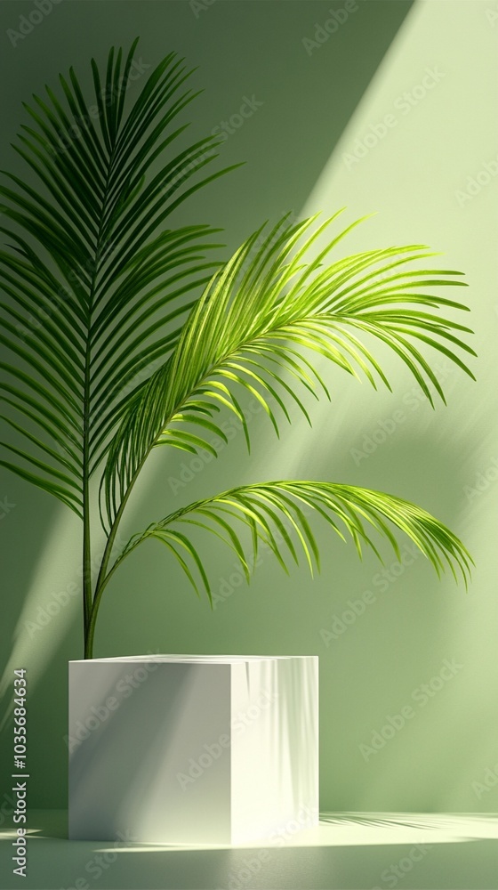Elegant palm frond in white pot casts intricate shadows on mint green wall, creating a serene tropical ambiance with minimalist aesthetic and soft lighting. Elegant palm frond in white pot casts intricate shadows on mint green wall, creating a serene tropical ambiance with minimalist aesthetic and soft lighting.