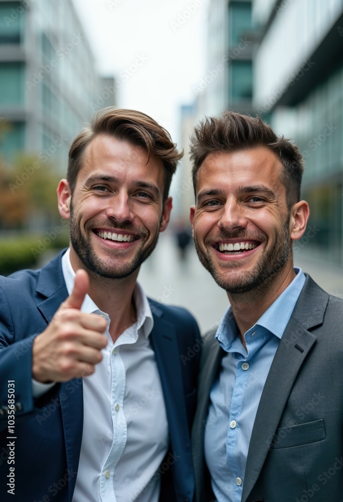 Two Businessmen Taking a Selfie Outdoors