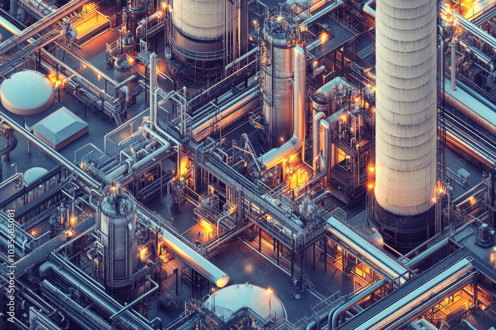 An aerial view of an industrial complex featuring intricate pipes, tanks, and towering structures, illuminated by warm lights in a night setting. An aerial view of an industrial complex featuring intricate pipes, tanks, and towering structures, illuminated by warm lights in a night setting.