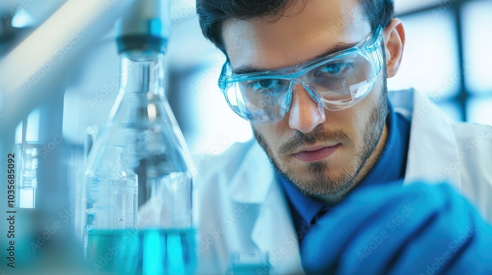 Scientist working in laboratory with chemical equipment. Scientist working in laboratory with chemical equipment.