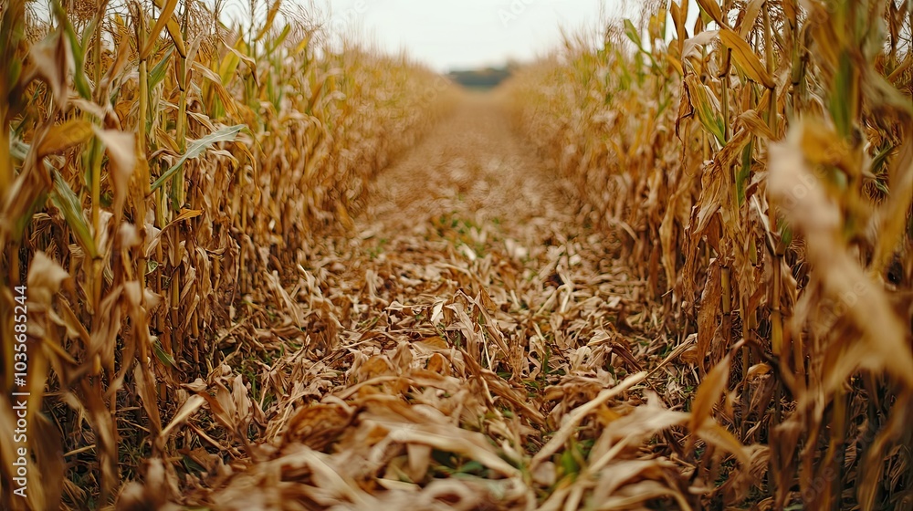 Fototapeta premium A path through a field of dried corn stalks.