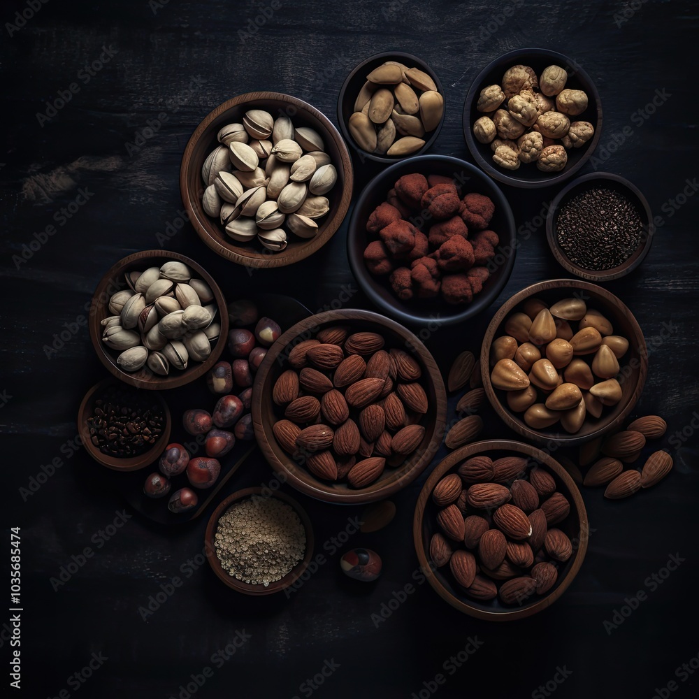 Nuts and spices, AI generative, nutrition. Nuts and spices, AI generative, nutrition.