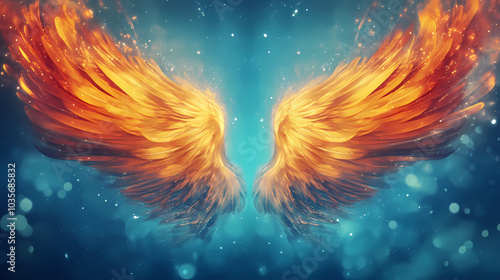 Fiery phoenix wings against a mystical blue background, immortal and live forever concept. Mystic Phoenix. Illustration