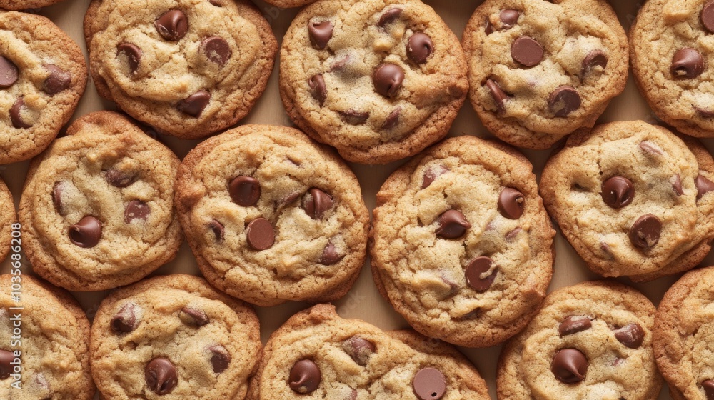 A seamless spread of freshly baked chocolate chip cookies, tightly packed together to fill the entire frame with their golden-brown, sweet texture. A seamless spread of freshly baked chocolate chip cookies, tightly packed together to fill the entire frame with their golden-brown, sweet texture.
