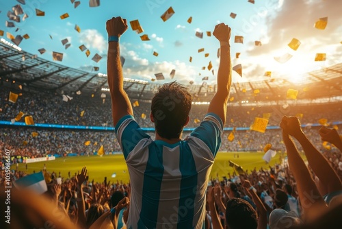 Group of Argentinian soccer fans cheering in stands, Generative AI