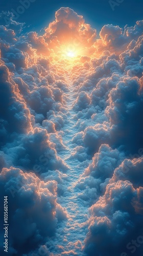 a winding path through fluffy white clouds leads toward a radiant light in the distance symbolizing hope the afterlife and the pursuit of dreams in a heavenly atmosphere