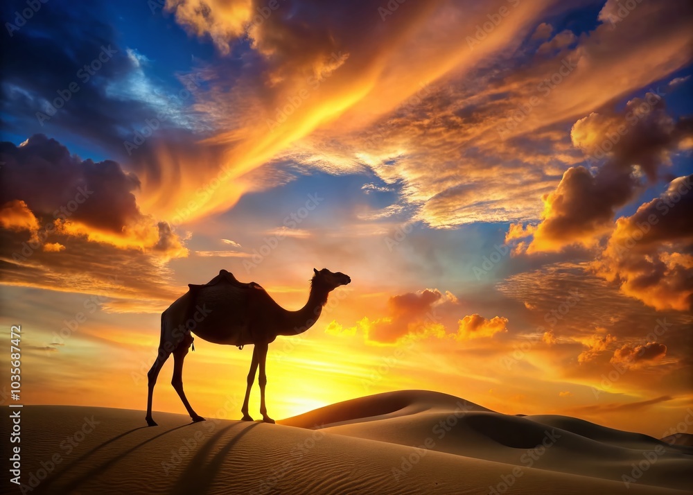 Desert Camel Silhouette at Sunset - Long Exposure Photography for Stunning Landscape Imagery Desert Camel Silhouette at Sunset - Long Exposure Photography for Stunning Landscape Imagery
