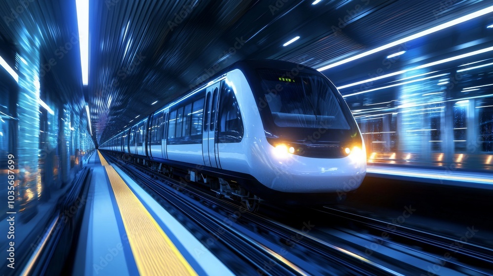 A sleek train rushes through a futuristic station, illuminated by vibrant blue lights, showcasing modern transportation in motion. A sleek train rushes through a futuristic station, illuminated by vibrant blue lights, showcasing modern transportation in motion.