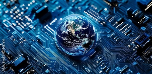 Concept of digital data innovation and technology connected by a blue neon digital planet.