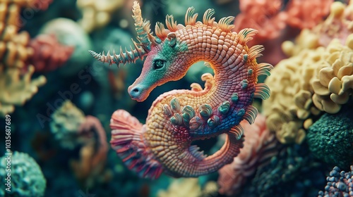 Magical Sea Dragon 3D Render Amidst Vibrant Coral Reefs AI Generated