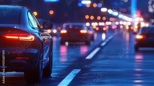 A sleek car parked on a bustling city street at night, illuminated by vibrant lights, showcasing a lively urban atmosphere.