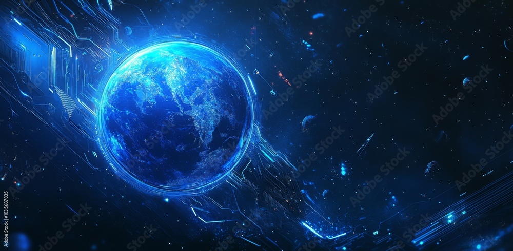 Digital communication is illustrated on a blue neon digital planet. Digital data innovation and technology are included. Digital communication is illustrated on a blue neon digital planet. Digital data innovation and technology are included.