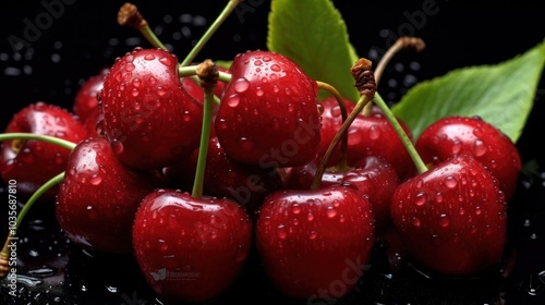 Juicy Red Cherries with Dew Drops