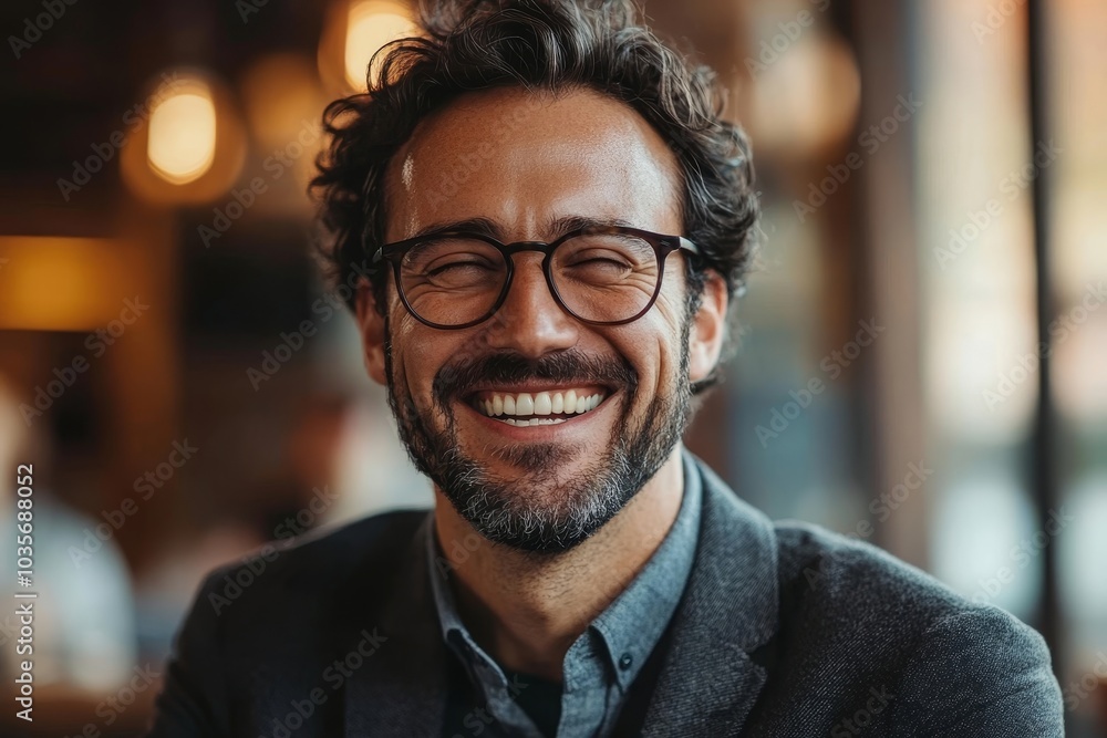 Cheerful businessman laughing happily in a co-working space, Generative AI Cheerful businessman laughing happily in a co-working space, Generative AI