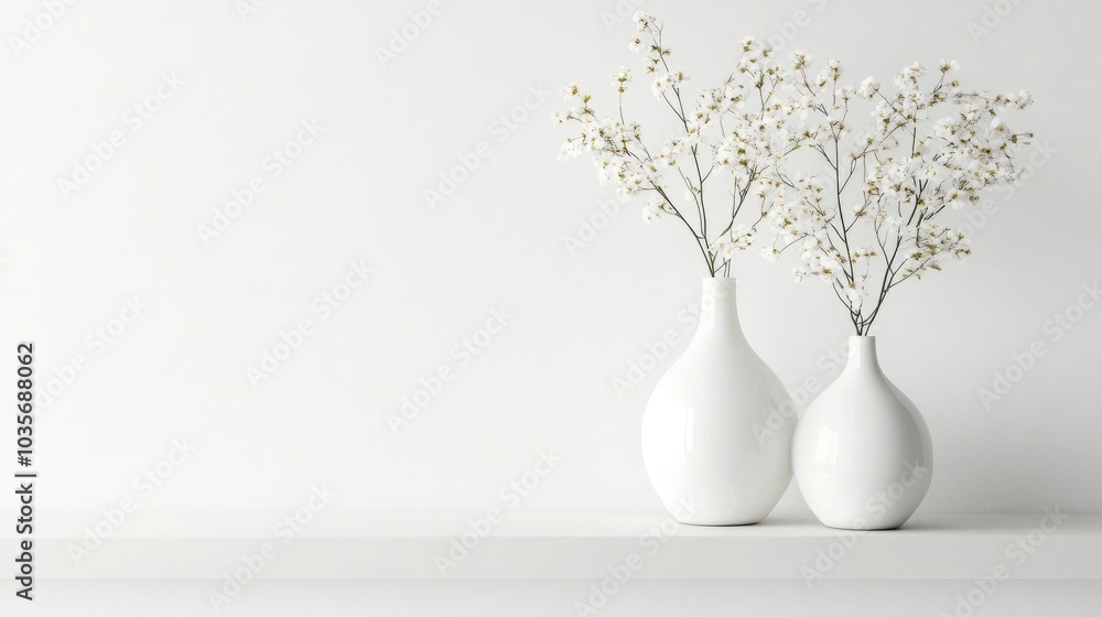 Minimalist design featuring white vases adorned with delicate flowers on a clean shelf Minimalist design featuring white vases adorned with delicate flowers on a clean shelf