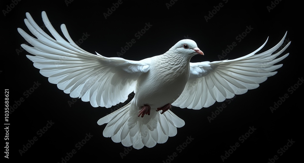 Fototapeta premium A white dove with open wings flies against a black background