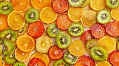 A surface densely covered with rainbow-colored fruit slices like kiwi, orange, and strawberry, filling every inch of the frame with vibrant, fresh textures.