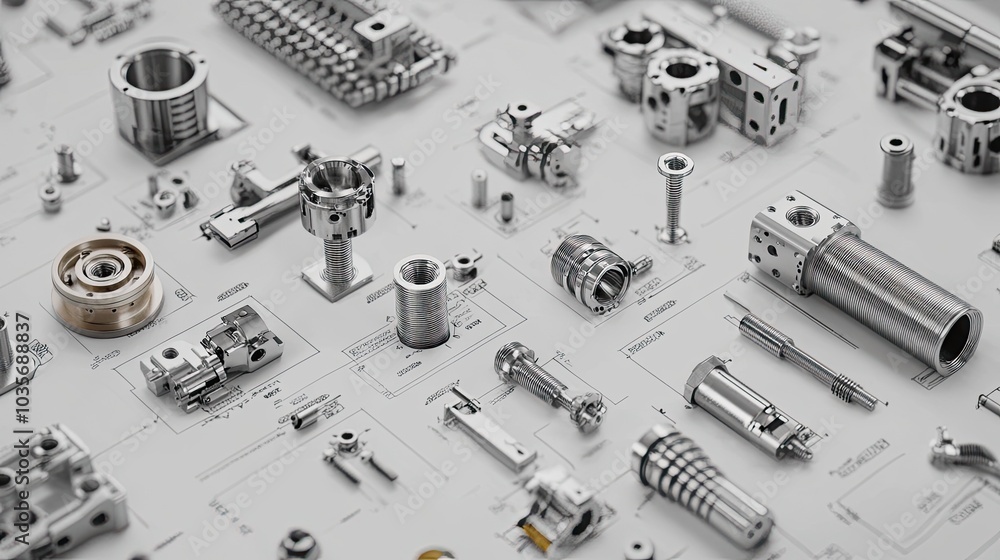 Array of precise mechanical parts aligned with engineering diagrams, emphasizing professional design in mechanical projects Array of precise mechanical parts aligned with engineering diagrams, emphasizing professional design in mechanical projects