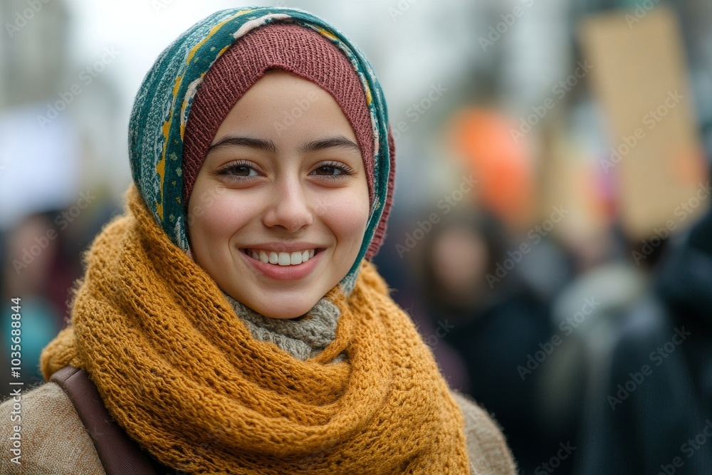 Muslim girl smiling happily at a climate protest, Generative AI Muslim girl smiling happily at a climate protest, Generative AI