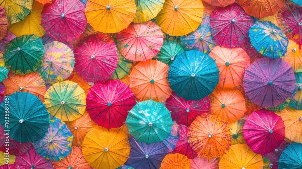 A surface densely covered with colorful cocktail umbrellas, filling every inch of the frame with a festive, tropical vibe. A surface densely covered with colorful cocktail umbrellas, filling every inch of the frame with a festive, tropical vibe.