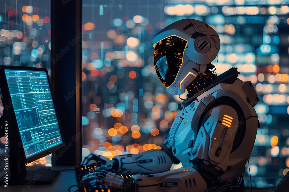 Futuristic Robot Analyzing Data in a High-Tech Cityscape Futuristic Robot Analyzing Data in a High-Tech Cityscape