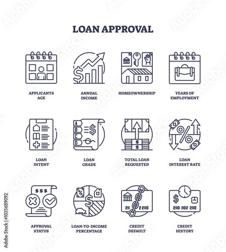 Loan approval icons outline showing key concepts like income, credit, and employment, transparent background. Outline icons set