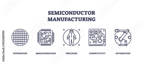 Semiconductor manufacturing involves precision, miniaturization, and automation, transparent background. Key objects, wafer, circuit, robot arm. Outline icons set.