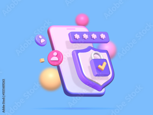 3D mobile phone with shield security icon with protection. Application safety using a smartphone concept. 3d mobile phone safety 