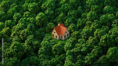 A charming house nestled in a lush green forest, surrounded by vibrant trees and nature.