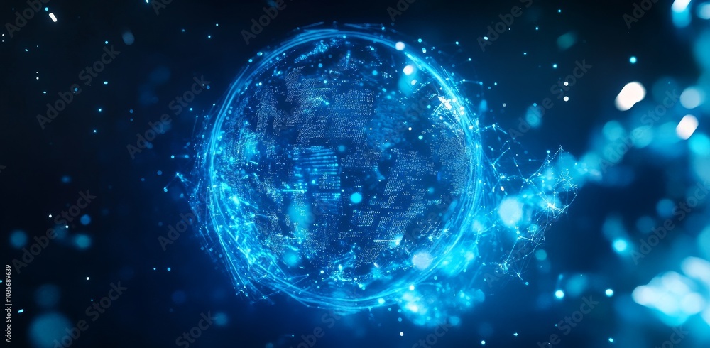 With a floating hologram world and an abstract blue neon stage, this concept illustrates digital business strategy. With a floating hologram world and an abstract blue neon stage, this concept illustrates digital business strategy.