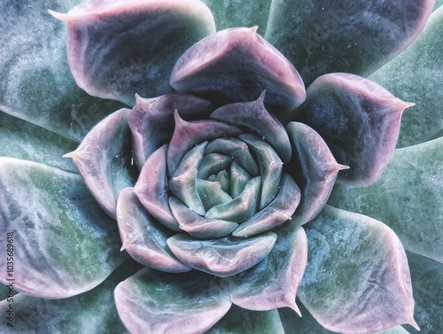 Green and purple flower, succulent, cactus, close up macro view colored edited in cold colors tones as floral botanical geometric pattern backdrop background