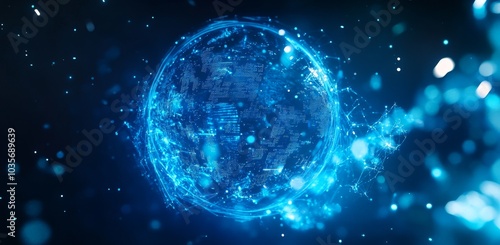 Wallpaper Mural With a floating hologram world and an abstract blue neon stage, this concept illustrates digital business strategy. Torontodigital.ca