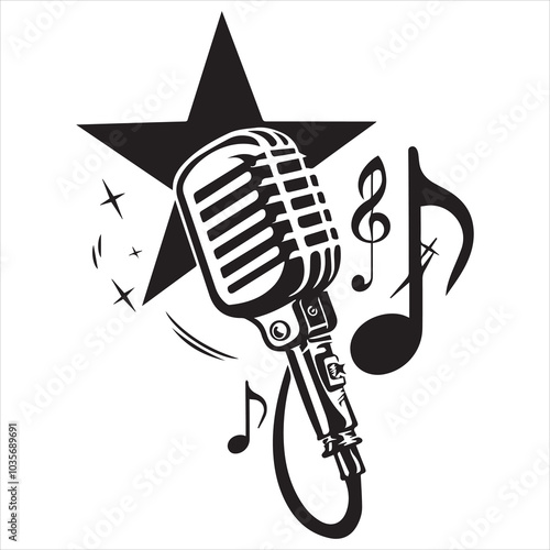 simple logo of a A MICROPHONE AS MAIN WITH A MUSICAL NOTE YUAN STAR , on white background

