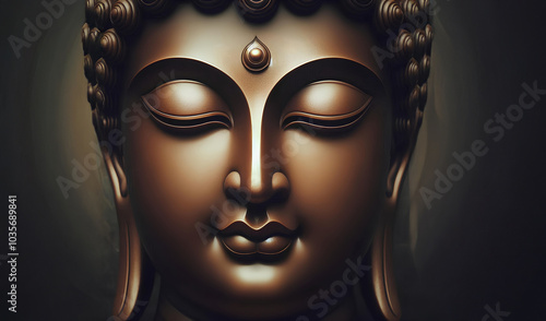 A Buddha statue's face, with closed eyes and a gentle smile. photo