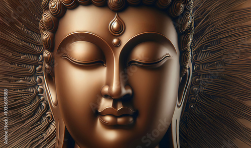 A Buddha statue's face, with closed eyes and a gentle smile. photo