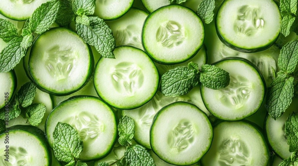 A seamless surface of cucumber slices and mint leaves, arranged to cover the whole frame with cool green tones. A seamless surface of cucumber slices and mint leaves, arranged to cover the whole frame with cool green tones.
