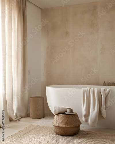 Medeterenian Luxury bathroom with modern wall and wallpaper, beige colour palette + navry blue details, large curtains hanging from the ceilein. 3D render. photo