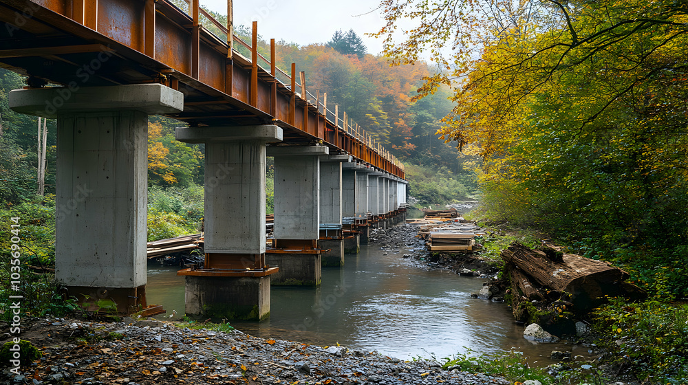 Fototapeta premium Partially Constructed Bridge Featuring Metal Beams and Concrete Supports Under Clear Sky
