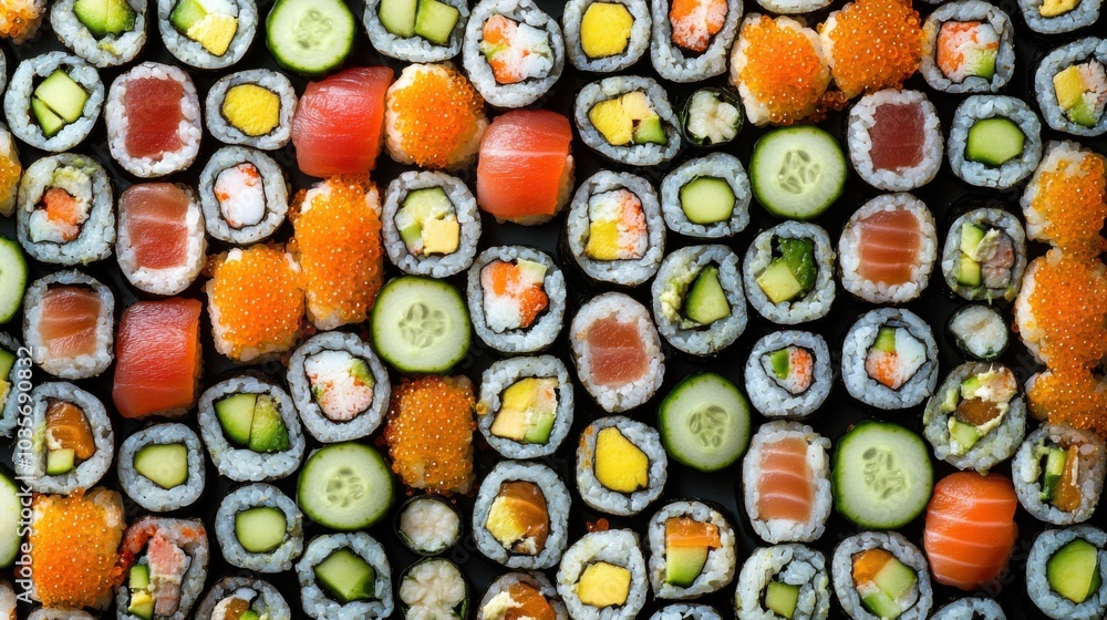 A background completely filled with assorted sushi toppings like avocado, tuna, and cucumber, tightly packed together to create a fresh, colorful surface. A background completely filled with assorted sushi toppings like avocado, tuna, and cucumber, tightly packed together to create a fresh, colorful surface.