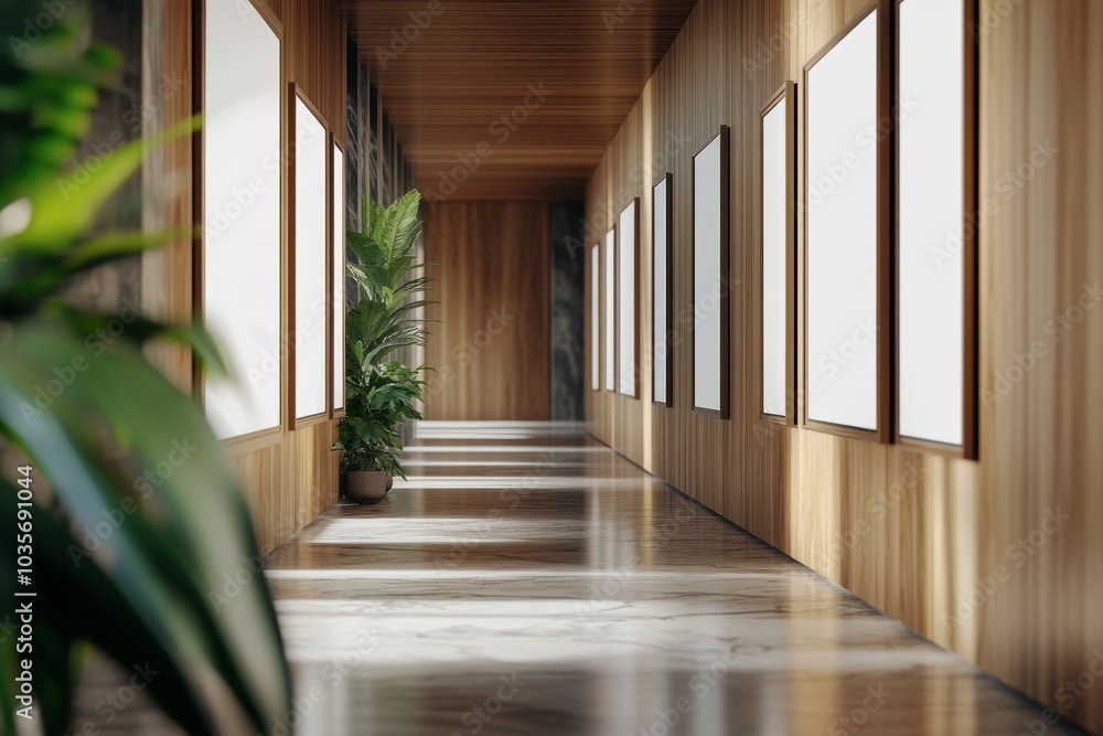 An empty frame sits on a wooden panel wall in this three-dimensional rendering of a modern museum interior. An empty frame sits on a wooden panel wall in this three-dimensional rendering of a modern museum interior.